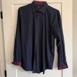 Quieti Men's Navy Casual Button Down Shirt with Burgundy Details Size L